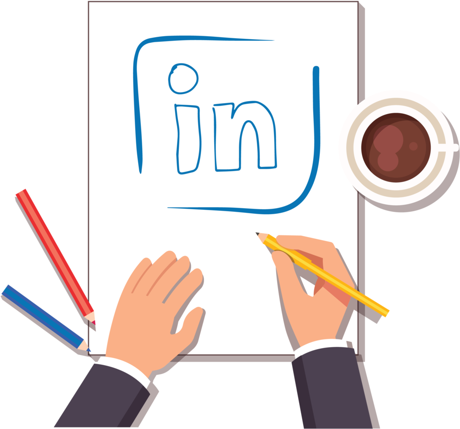 Linkedin 桌布 壁紙 — 一隻手用黃色鉛筆在紙上畫LinkedIn標誌，旁邊有一杯咖啡和彩色鉛筆。