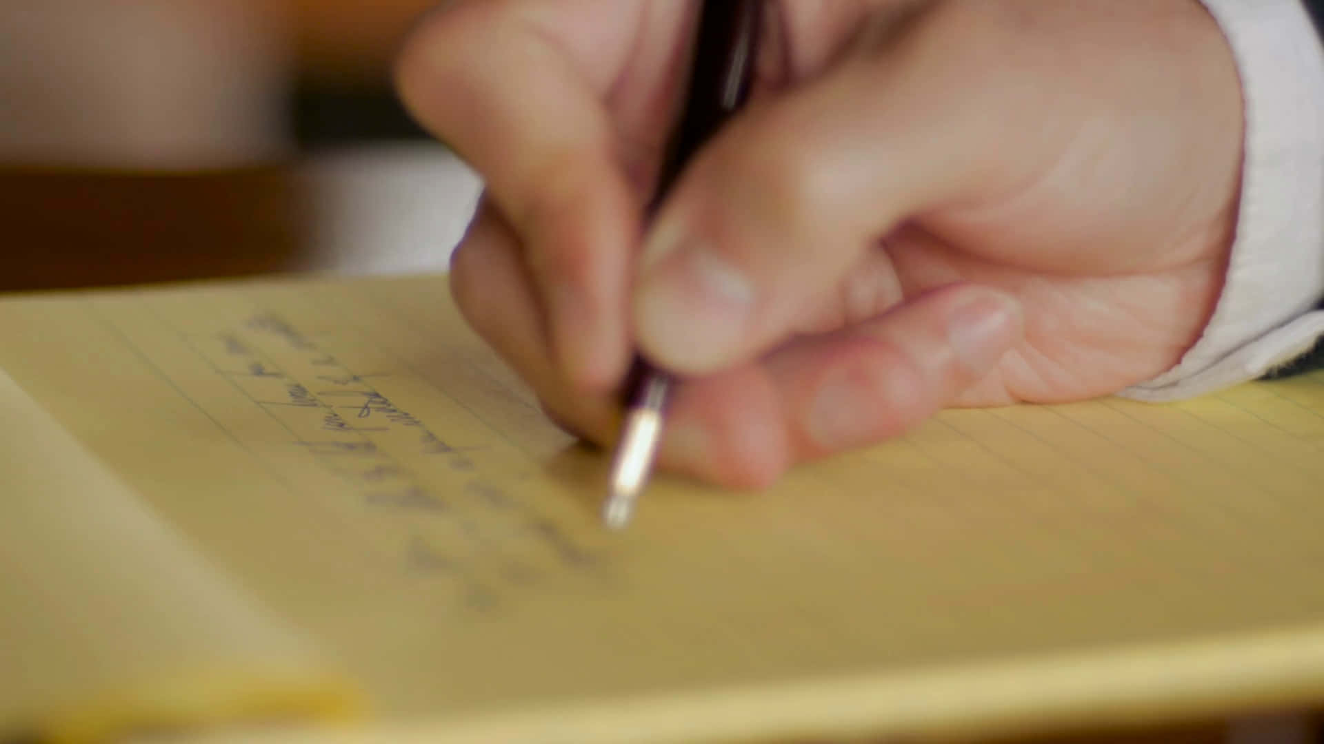 Handwriting 桌布 壁紙 — 一隻手用黑色筆在黃色法律拍紙簿上書寫草寫體的特寫。
