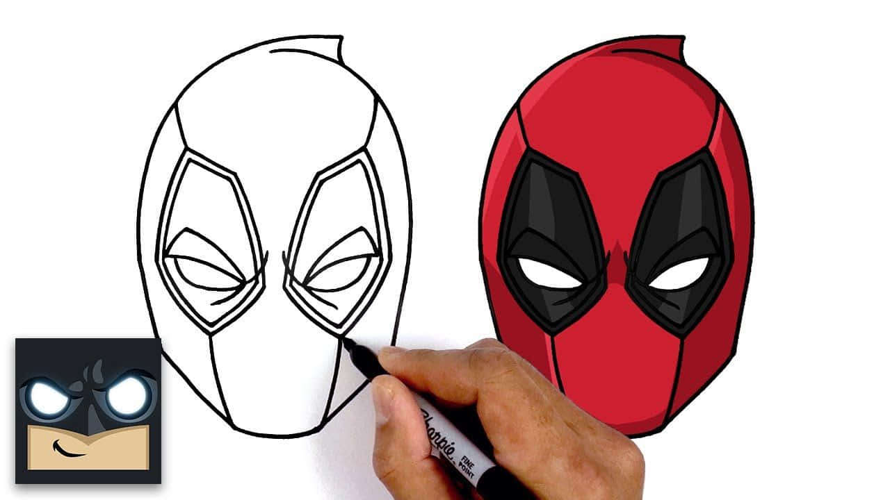 Deadpool Mask 桌布 壁紙 — 一隻手用黑色麥克筆畫出死侍面具的輪廓，旁邊是其紅黑彩色版本。