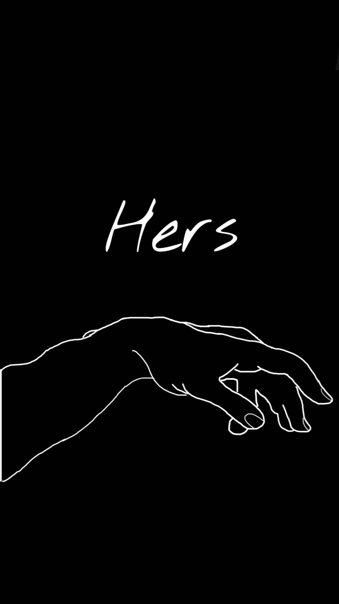 黑色 桌布 壁紙 — 一隻手的極簡白色線條畫，上方寫有「Hers」一詞，背景為黑色。