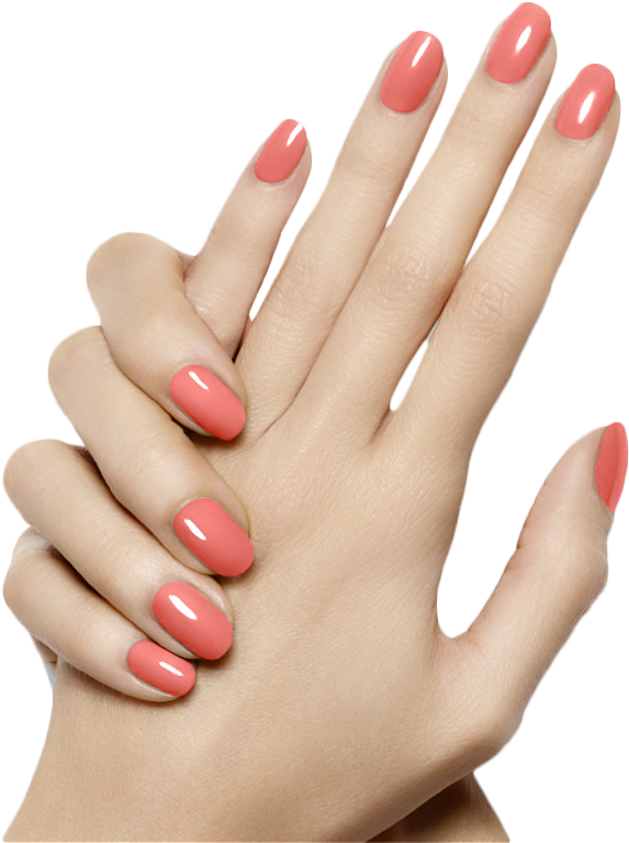 Beauty Parlour 桌布 壁紙 — 一隻手的特寫，手指甲塗了珊瑚粉紅色的指甲油，背景是黑色。
