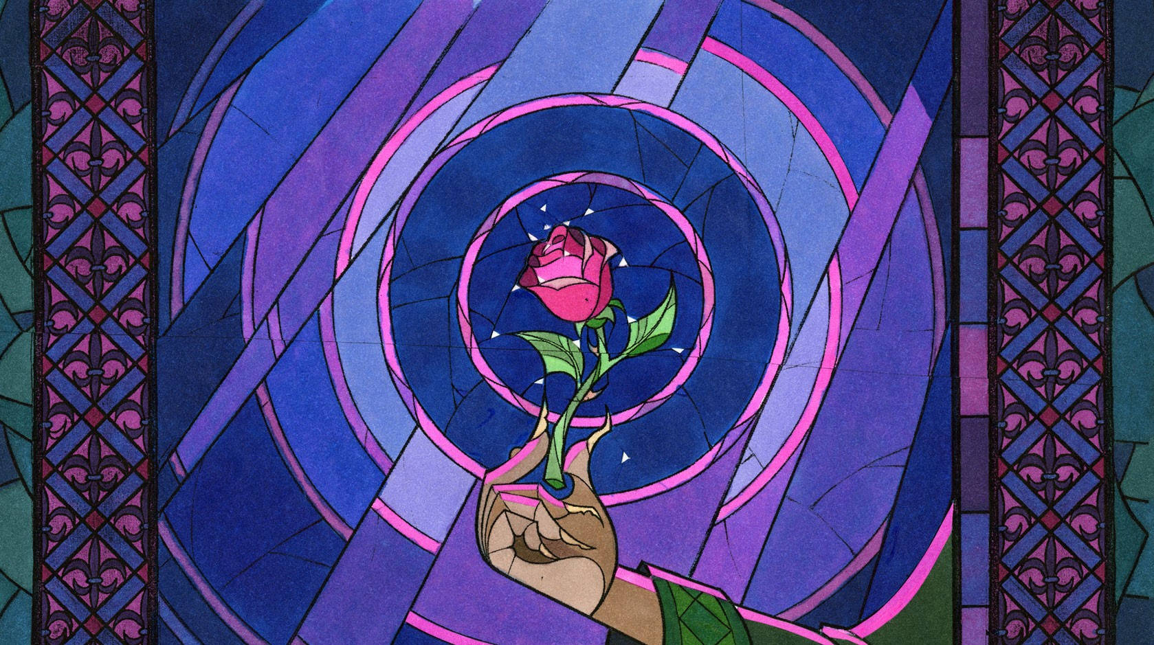 Disney Pattern 桌布 壁紙 — 一隻手穿過充滿活力的彩色玻璃窗，握著一朵粉紅玫瑰，窗上有紫色和藍色的漩渦幾何圖案。