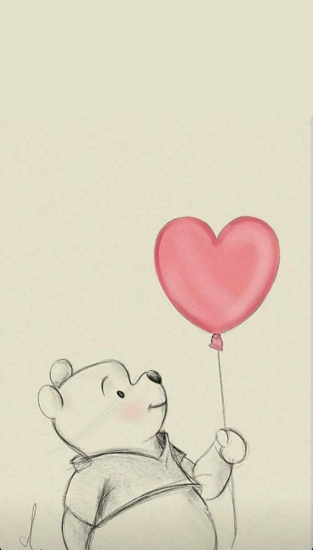 winnie the pooh 桌布 壁紙 — 一隻手繪的熊溫柔地微笑，手持一個粉紅色心形氣球，背景是柔和的米色。