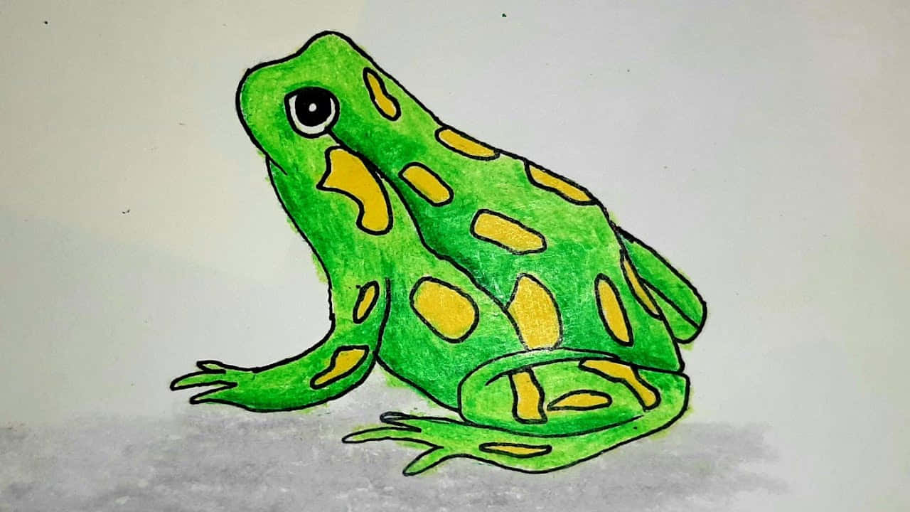 Frog Drawing 桌布 壁紙 — 一隻手繪的綠色青蛙帶有黃色斑點，靜靜地坐在有紋理的灰色表面上，背景是純白色。