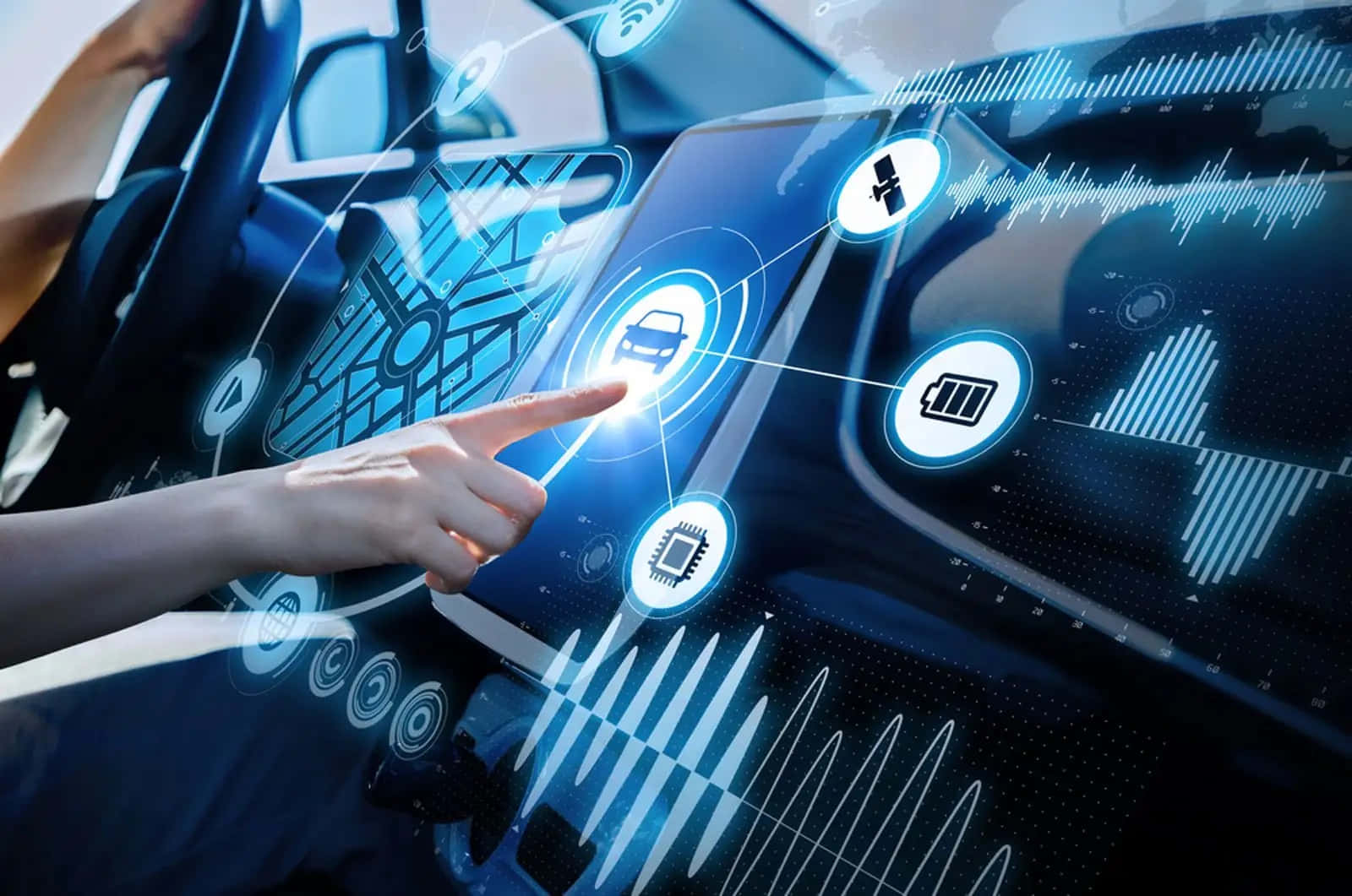 Car Technology 桌布 壁紙 — 一隻手與一個未來主義的汽車儀表板互動，顯示發光的藍色全息數據可視化和圖標。