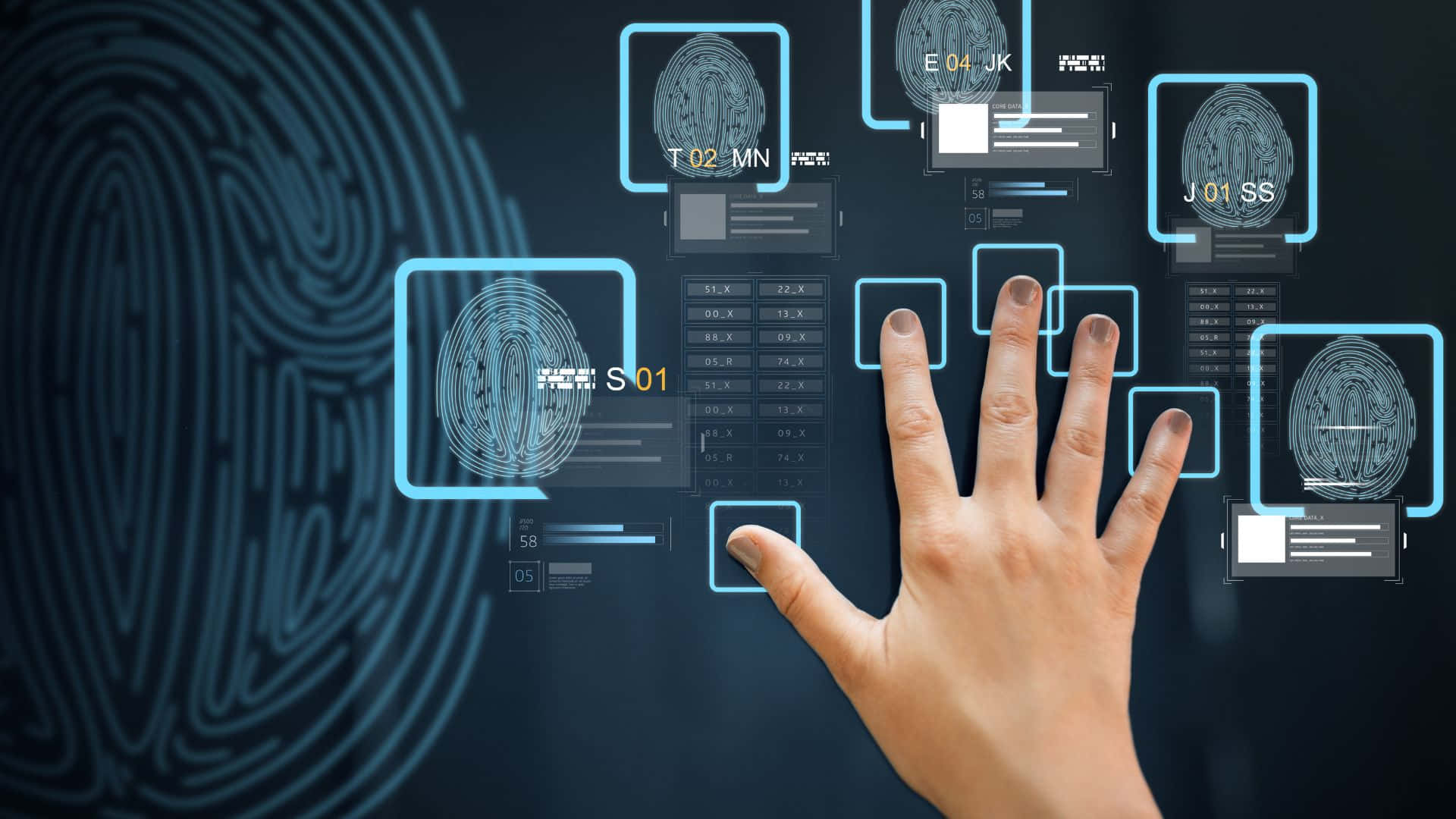 Fingerprint 桌布 壁紙 — 一隻手與一個未來感的藍色全息指紋掃描介面互動，顯示詳細的生物識別數據。