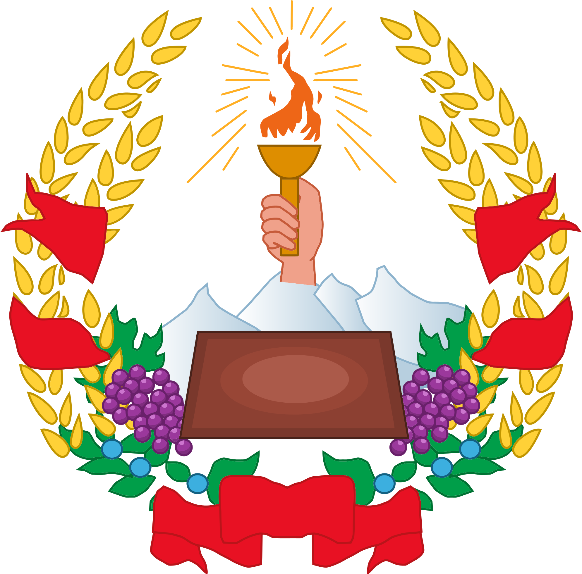 Emblem 桌布 壁紙 — 一隻手舉著燃燒的火炬，下方是一本書，兩側有金色麥穗、紅色絲帶和紫色葡萄，背景為黑色。