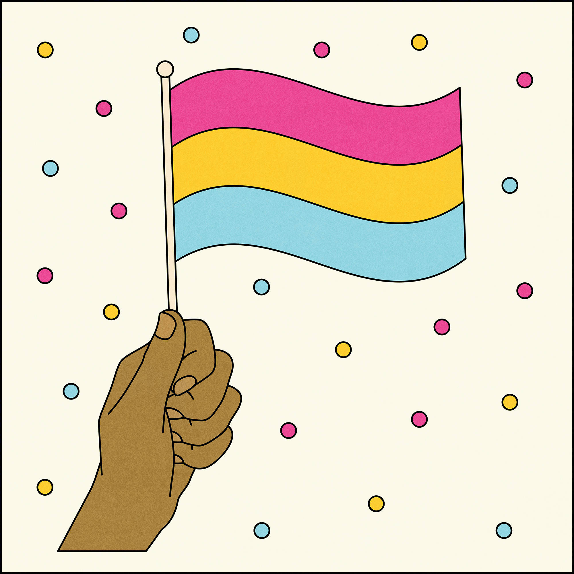 Pansexual 桌布 壁紙 — 一隻手舉起飄揚的泛性戀旗幟，背景是散落的彩色圓點。