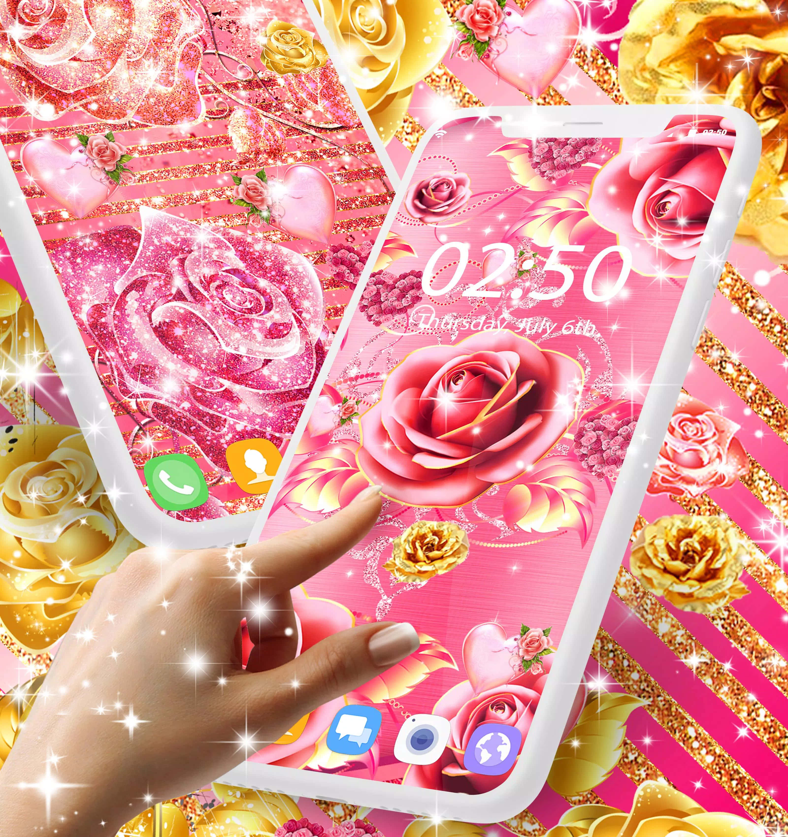 Rose Gold Desktop 桌布 壁紙 — 一隻手輕觸智慧型手機，顯示帶有金色點綴和閃爍效果的閃亮粉紅玫瑰桌布。