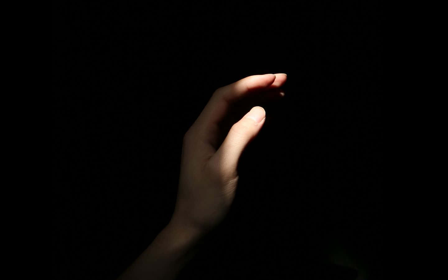 Dark Hand 桌布 壁紙 — 一隻手輕輕向前伸出，背景為深黑色，由柔和的方向性光線照亮。