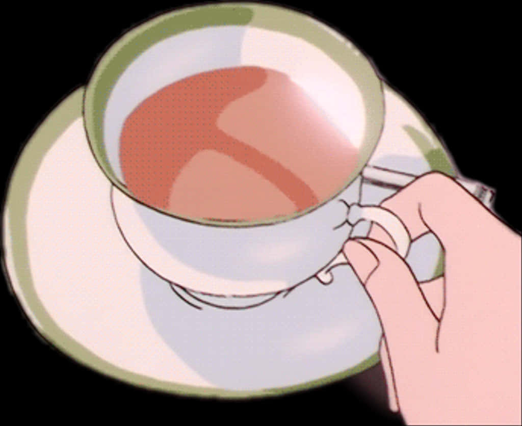 hand 桌布 壁紙 — 一隻手輕輕地拿著一個帶有綠色邊緣的白色茶杯，裡面裝著琥珀色的茶，背景是純黑色。