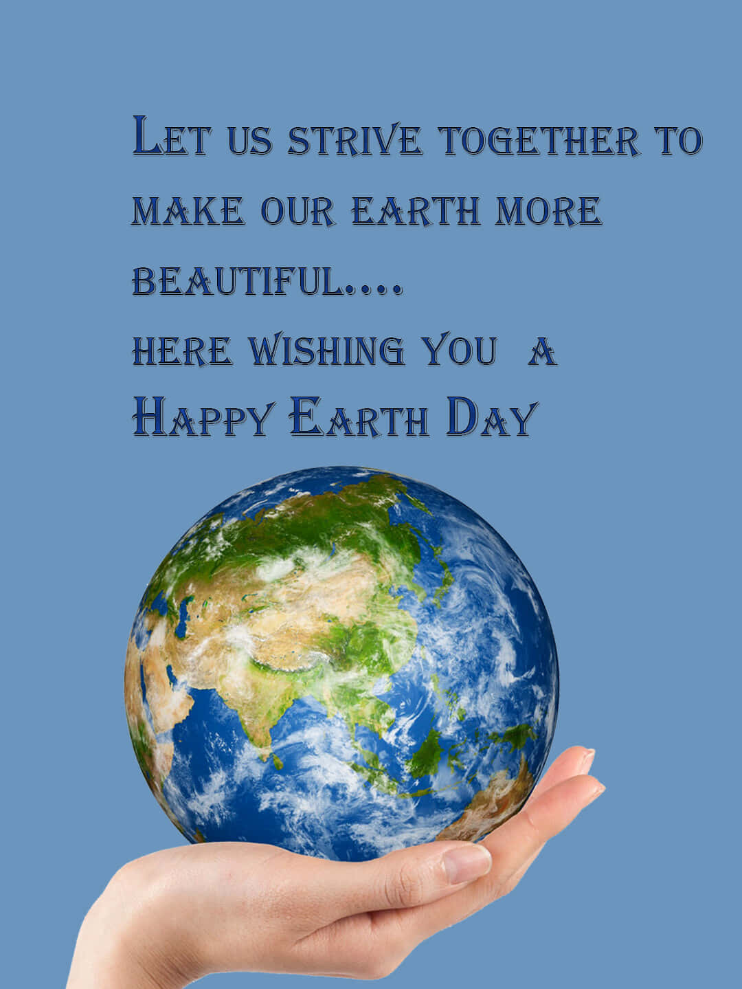 Earth Day 桌布 壁紙 — 一隻手輕輕捧著一個精細的地球儀，背景為純藍色，上方有Earth Day文字。
