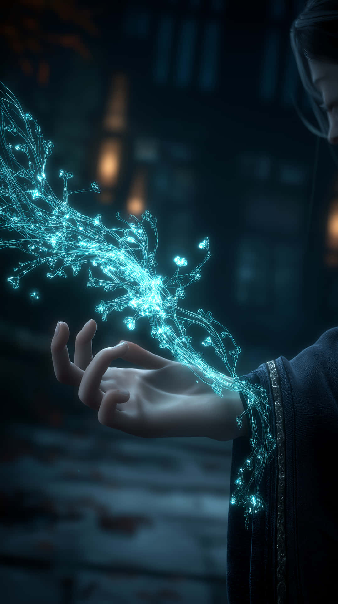 Mystical Hand with Glowing Cyan Energy in Dark Setting 壁紙 — 一隻手輕輕捧著發光的藍綠色能量觸鬚，在黑暗的城市背景下像電花一樣綻放。