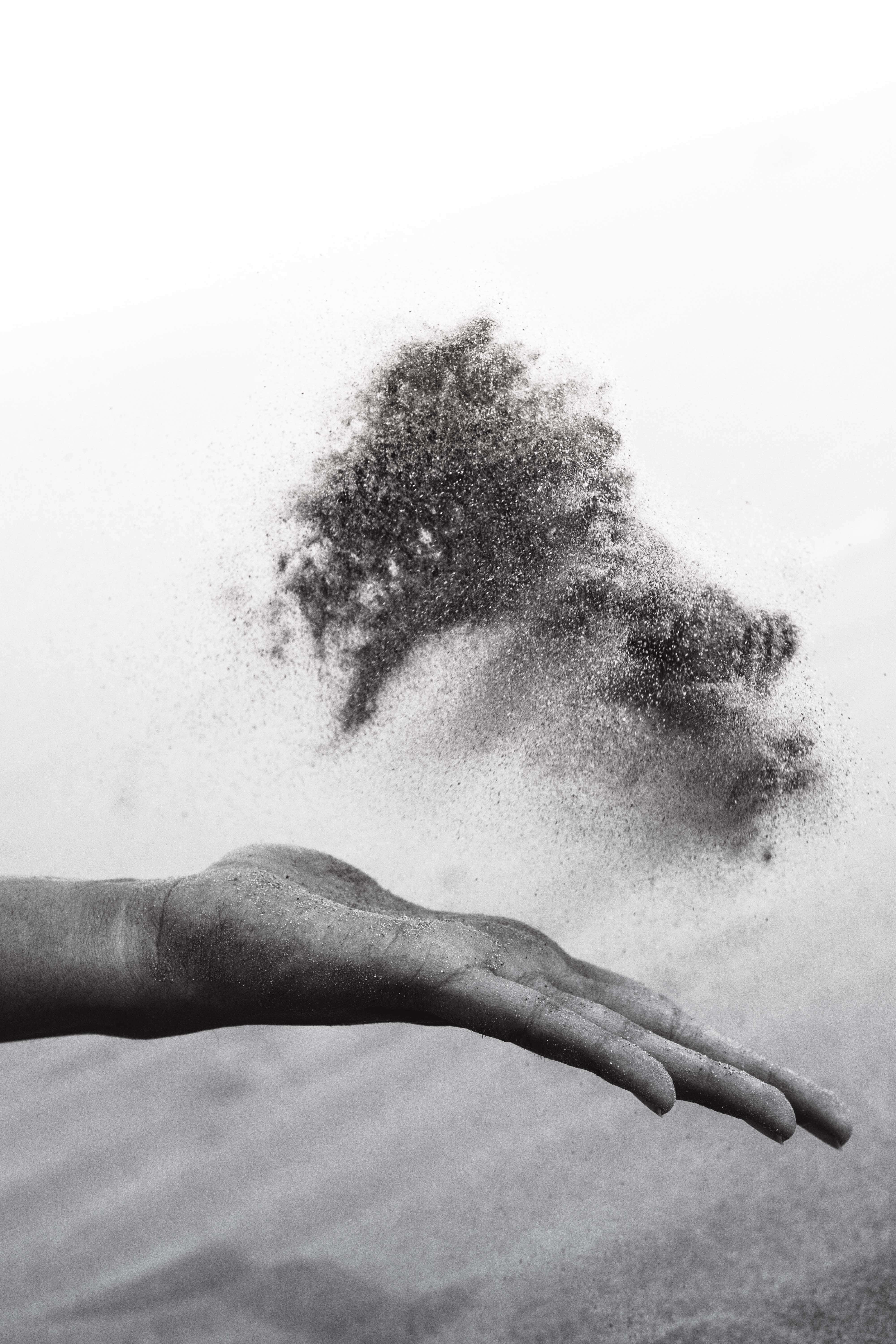 Dust 桌布 壁紙 — 一隻手釋放出一團深色沙塵，在純白背景上形成樹木剪影。