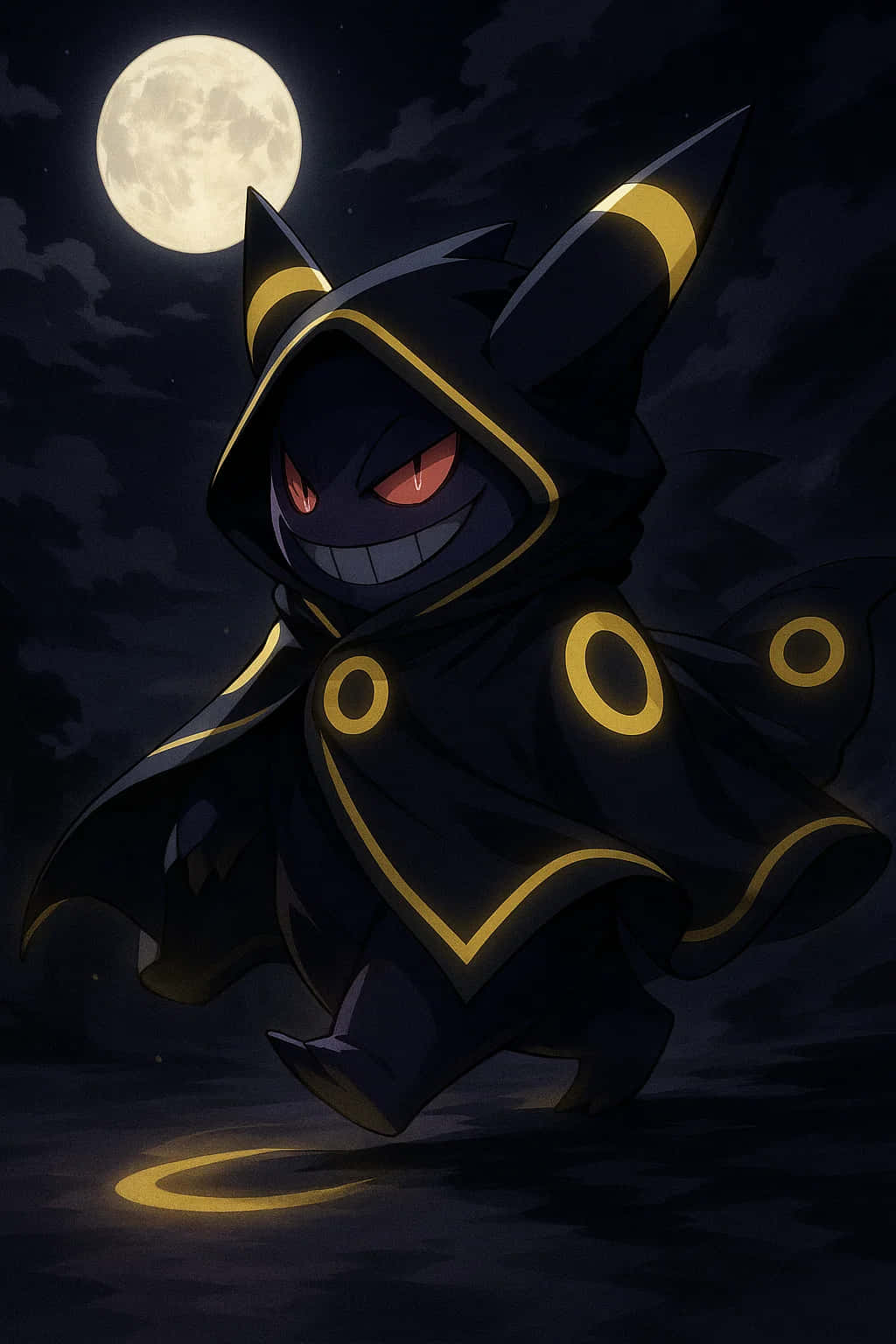 Gengar HD Wallpaper WEBP 4K Background Download 壁紙 — 一隻披著暗色斗篷的寶可夢，帶有發光的黃色點綴和紅色眼睛，站在滿月下的夜空。