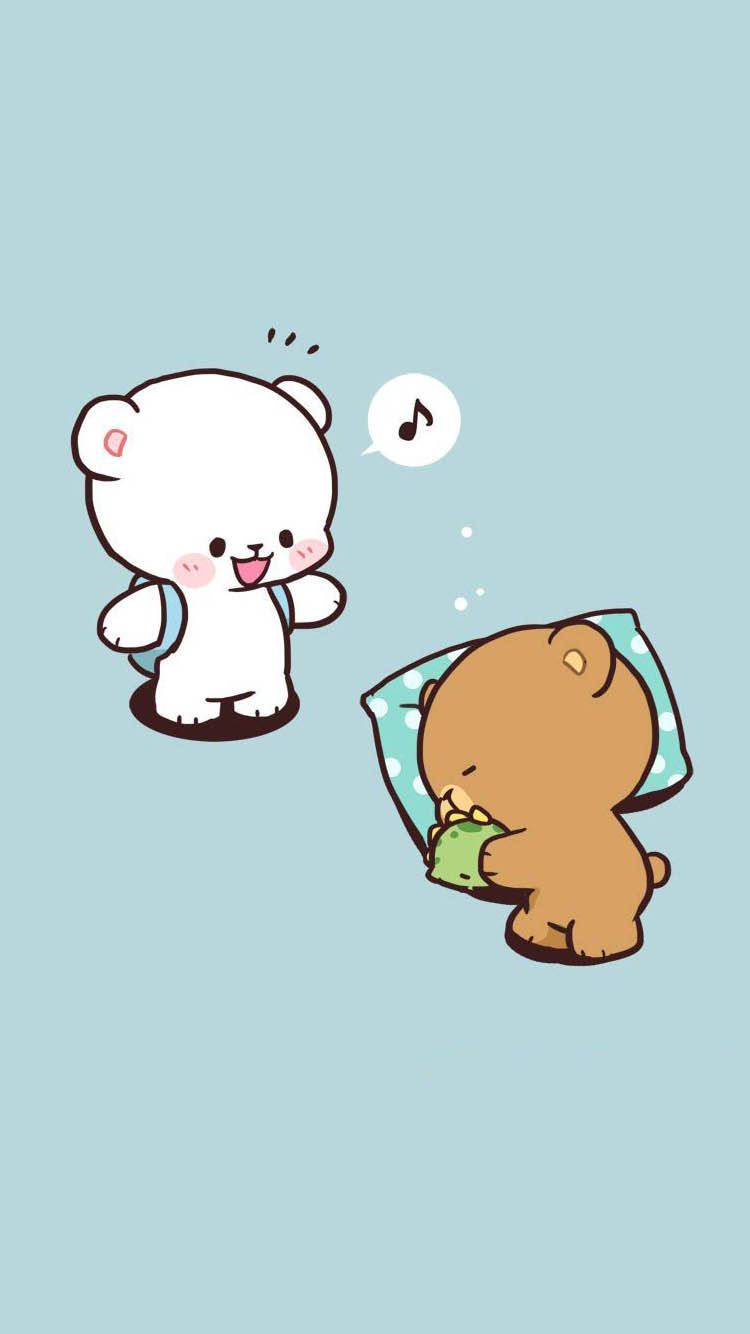 milk and mocha 桌布 壁紙 — 一隻揹著背包的白熊，正愉快地向一隻睡在枕頭上、拿著綠色毯子的棕熊唱歌。