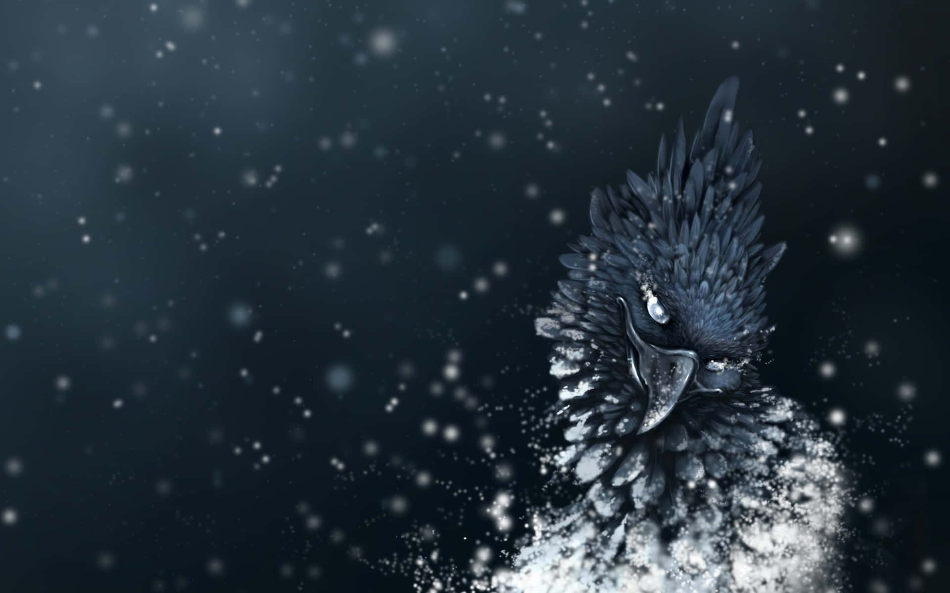 spirit 桌布 壁紙 — 一隻擁有冰凍羽毛的雄偉烏鴉，站在飄落的雪花中，背景是深藍色的夜空。