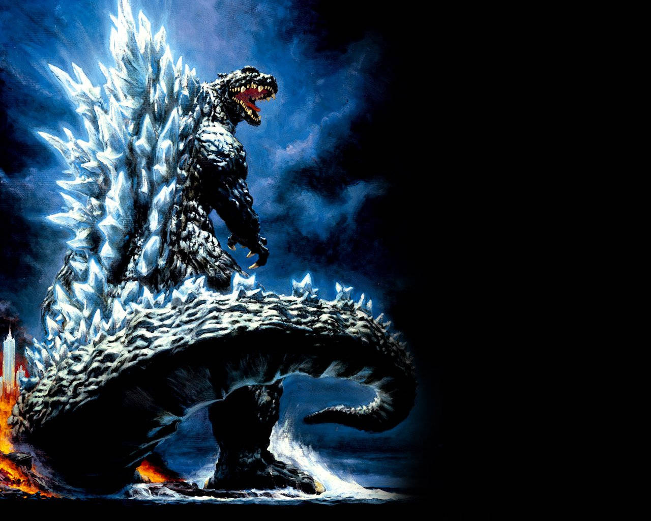 shin godzilla 桌布 壁紙 — 一隻擁有冰刺的巨大哥吉拉在暴風雨夜空中，於洶湧波濤和燃燒的城市廢墟中咆哮。