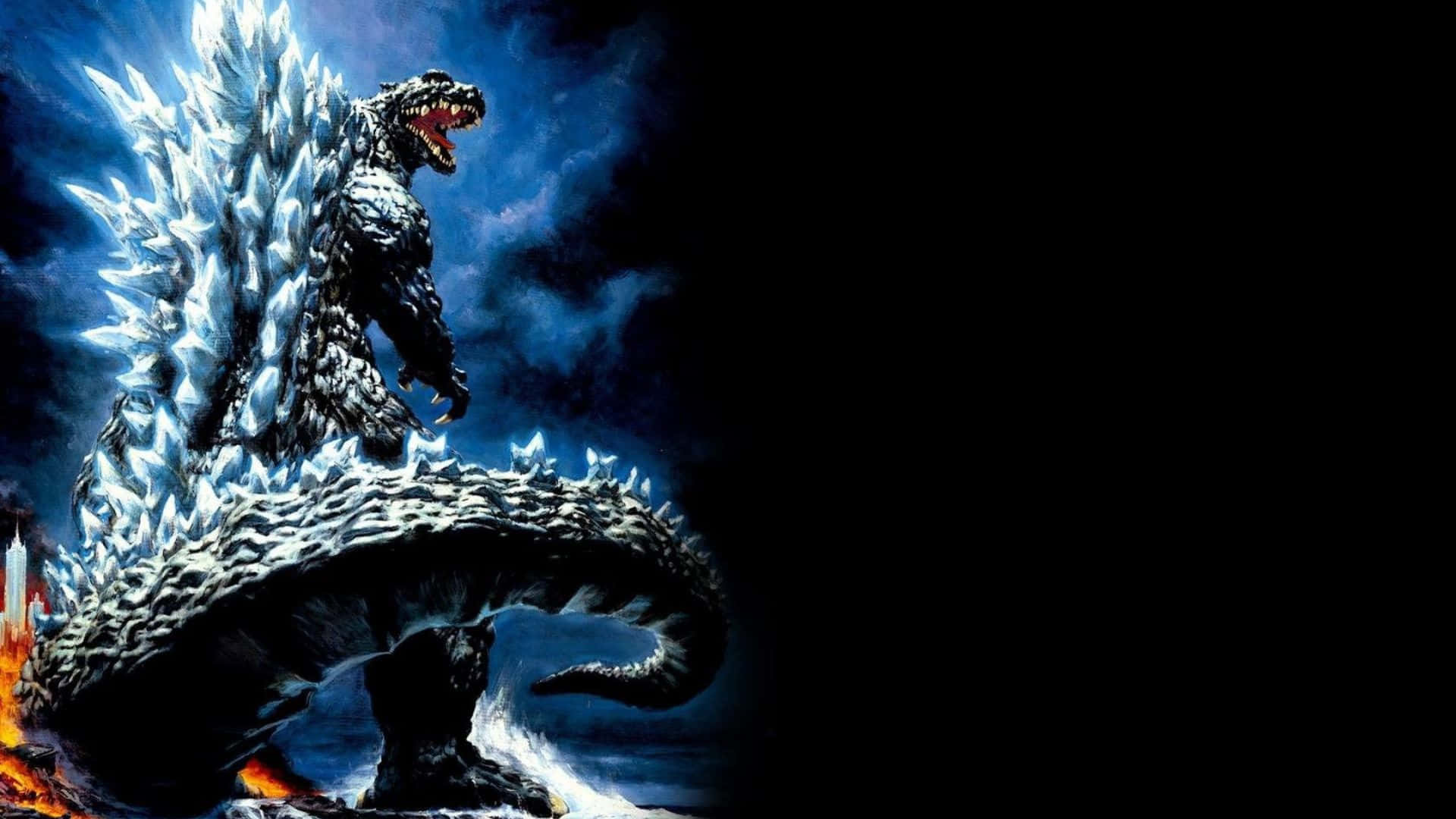 Godzilla 2000 桌布 壁紙 — 一隻擁有冰刺的巨大哥吉拉在暴風雨藍天下，於廢墟城市上咆哮。
