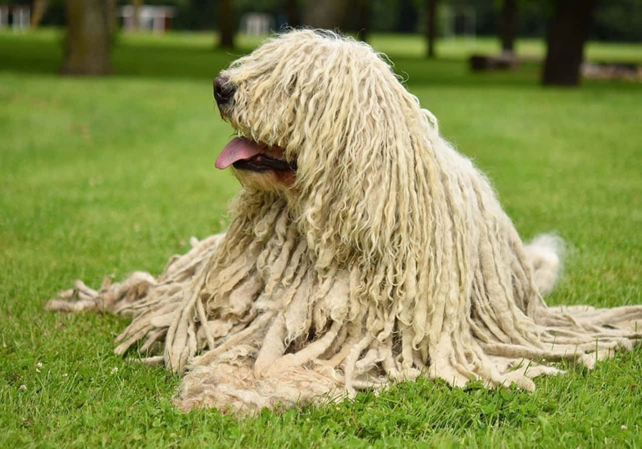 狗 桌布 壁紙 — 一隻擁有厚實白色繩狀毛髮的可蒙犬，在公園裡鮮綠的草地上放鬆地坐著。
