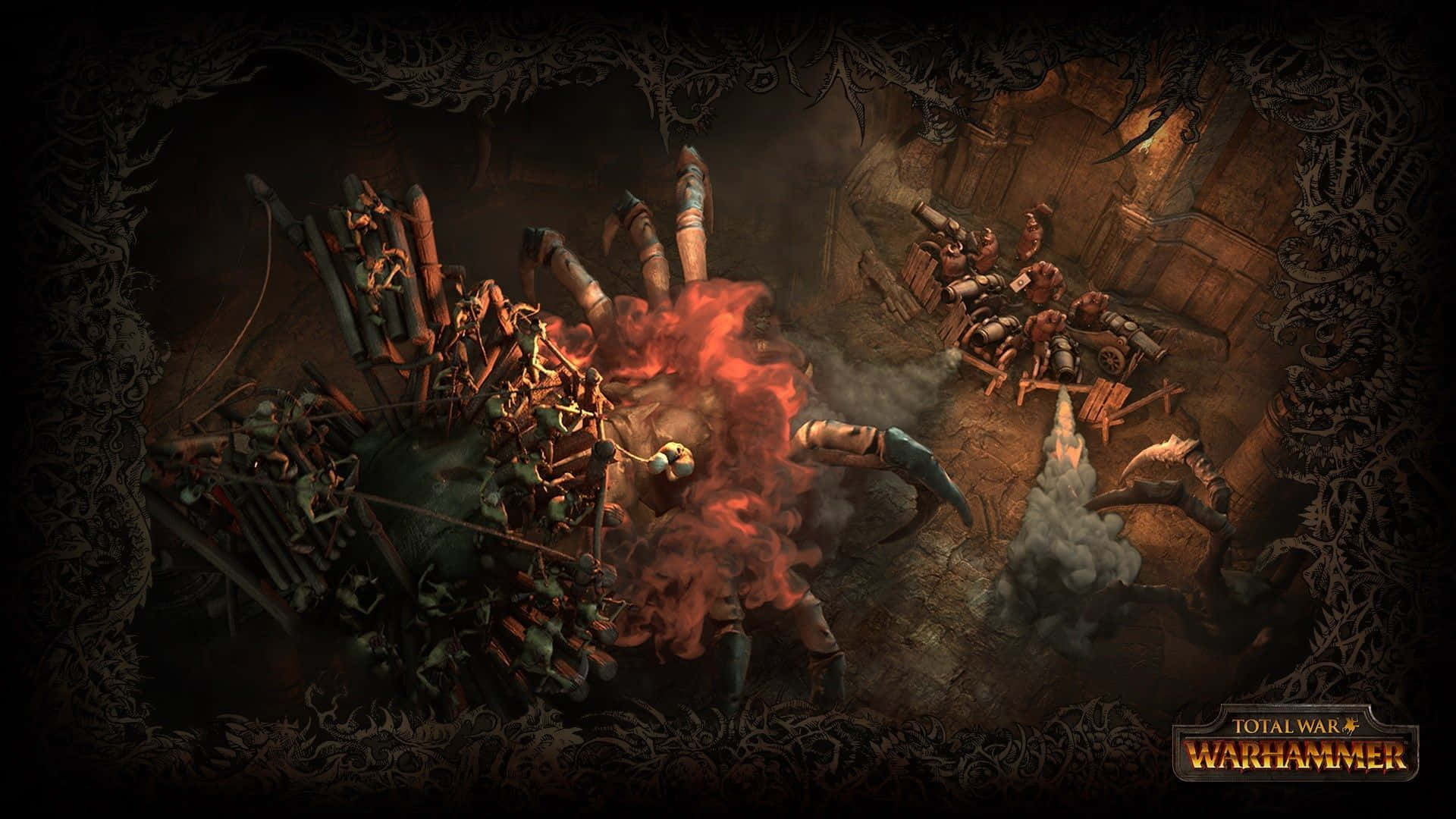 Best Total War Warhammer 桌布 壁紙 — 一隻擁有多肢體和火焰呼吸的怪獸戰獸主宰著黑暗華麗的地下城戰場。