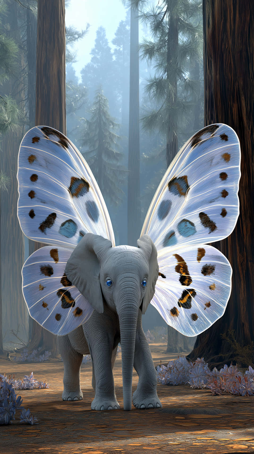 Enchanting Baby Elephant with Blue Butterfly Wings 壁紙 — 一隻擁有大型半透明蝴蝶翅膀的小象，站在迷霧森林中，周圍有高大的樹木和柔和的光線。