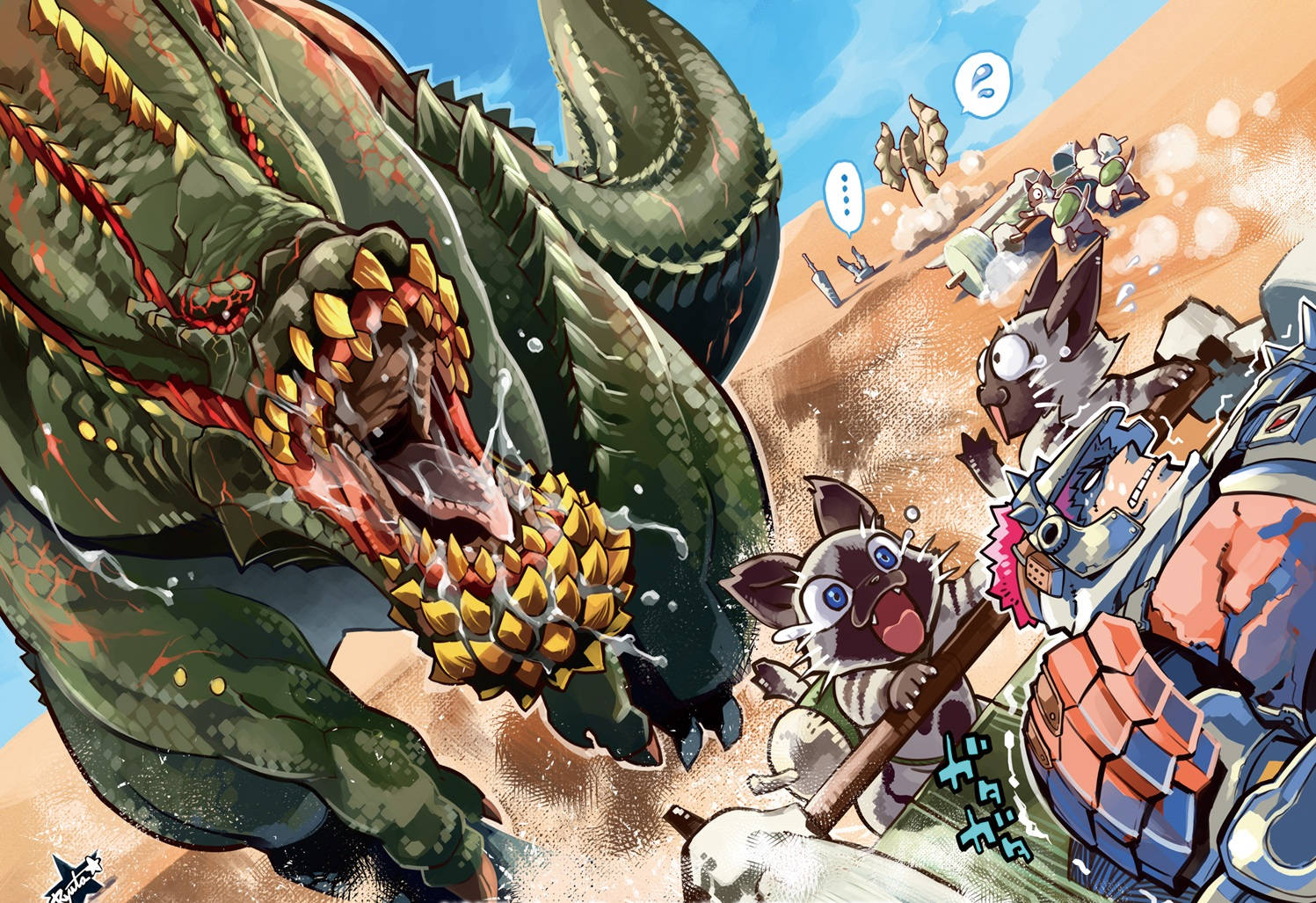 魔物獵人 桌布 壁紙 — 一隻擁有尖刺下顎的巨型綠色龍在沙漠戰鬥場景中撲向身穿盔甲的獵人。