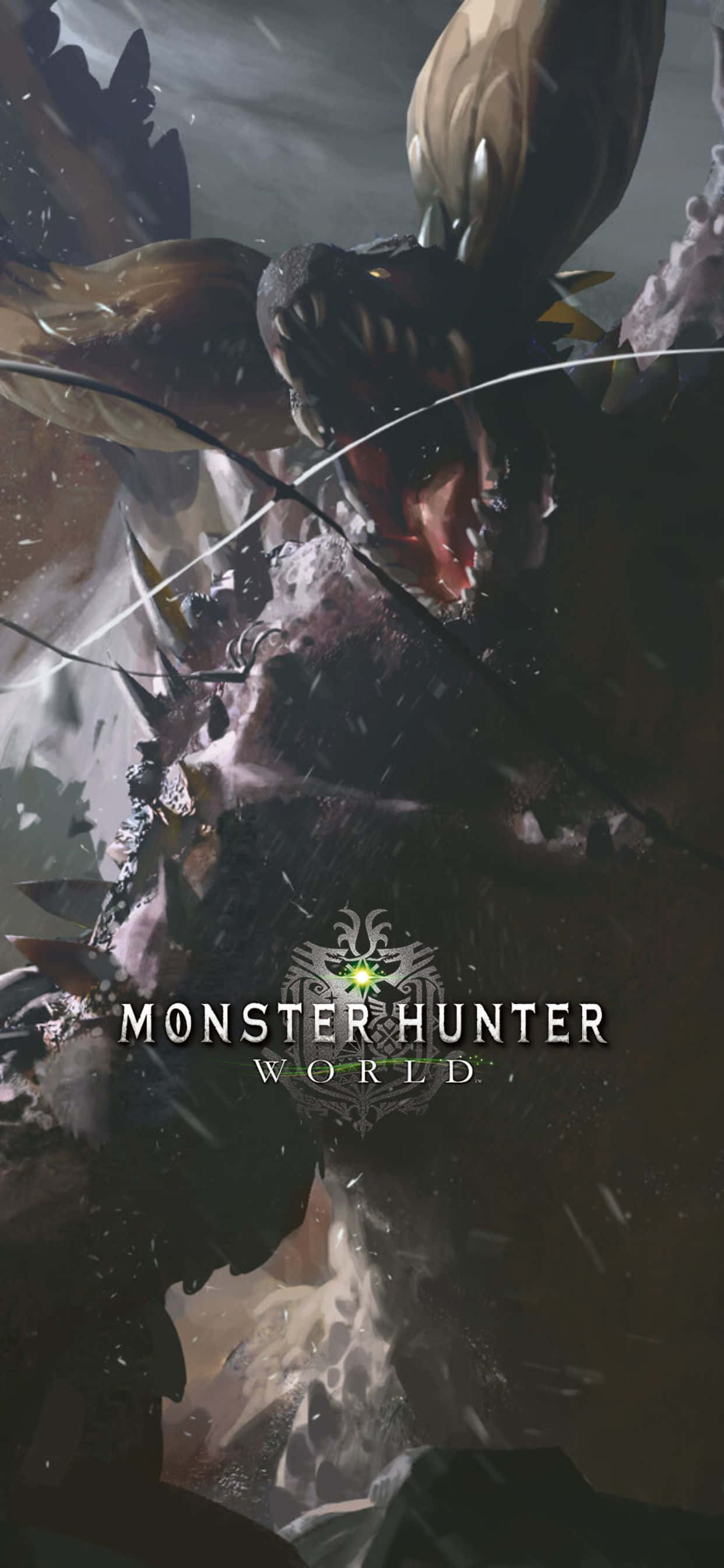 Monster Hunter 桌布 壁紙 — 一隻擁有尖刺盔甲和發光眼睛的怪物在飄落的雪和破碎的冰中咆哮。