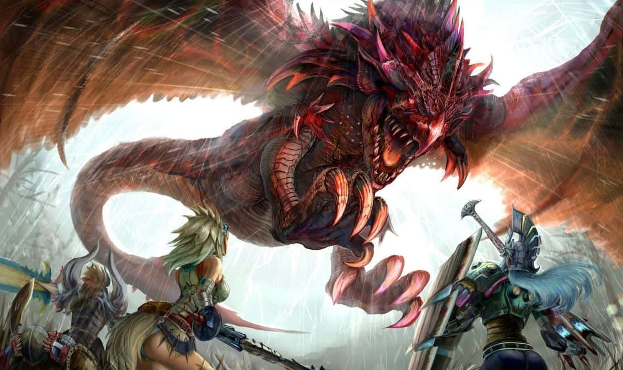 Monster Hunter Monsters 桌布 壁紙 — 一隻擁有尖刺翅膀和發光眼睛的巨大紅龍，在風雪交加的風景中向揮舞劍盾的獵人咆哮。