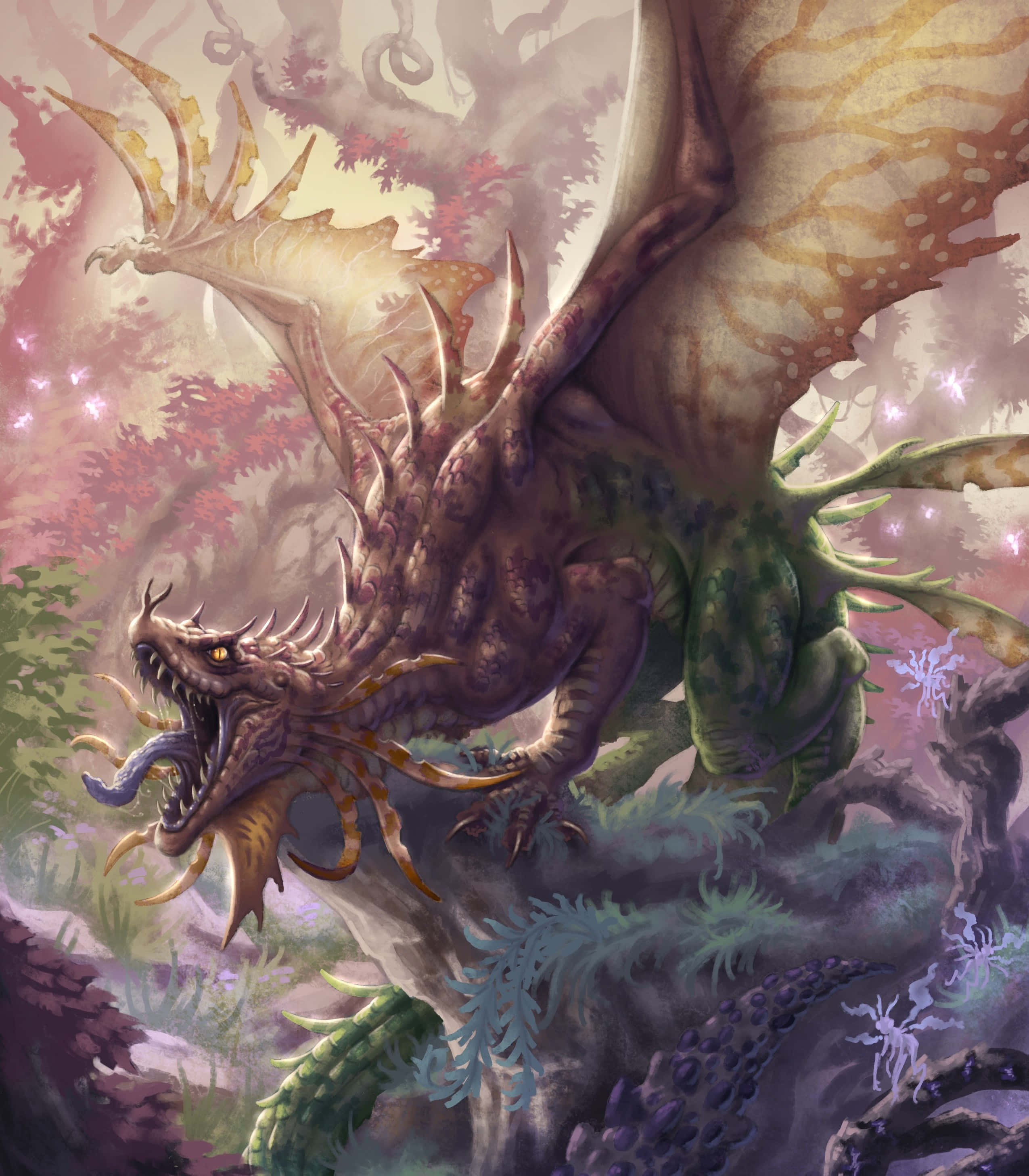 Mythical Dragon 桌布 壁紙 — 一隻擁有尖刺翅膀和發光眼睛的雄偉巨龍，在一個充滿發光植物的神秘森林中咆哮。