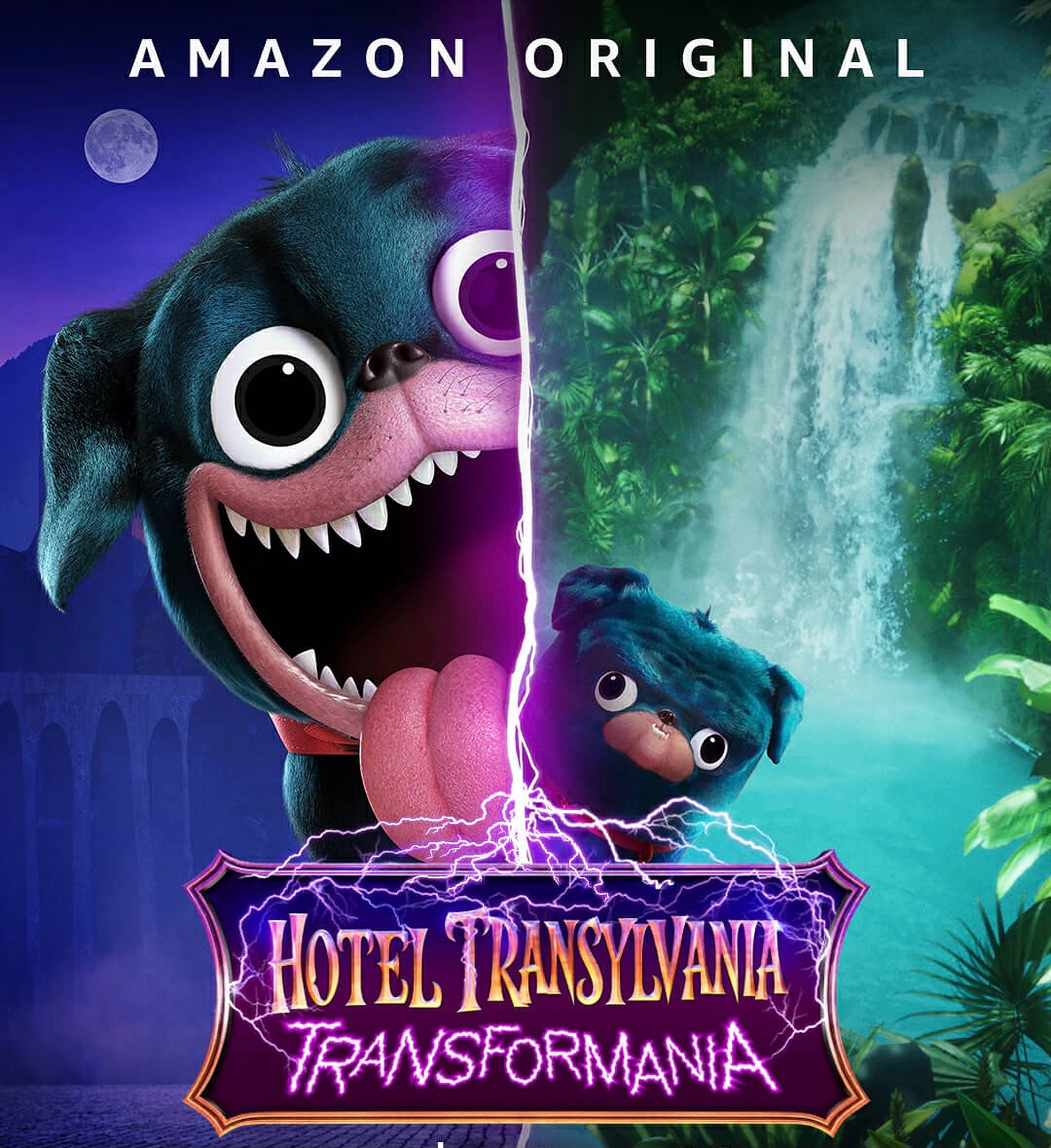 hotel transylvania transformania 桌布 壁紙 — 一隻擁有尖牙和發光眼睛的卡通狗，在叢林瀑布場景中間劈開一道閃電。