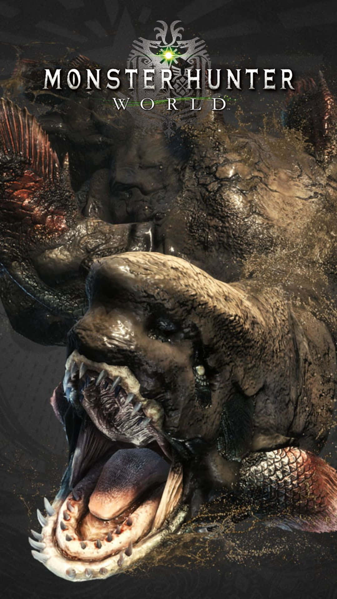 Android Monster Hunter World 桌布 壁紙 — 一隻擁有尖銳牙齒和發光眼睛的怪物，在黑暗紋理背景前發出威脅性的咆哮。