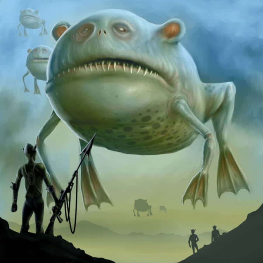 怪物 桌布 壁紙 — 一隻擁有尖銳牙齒的巨型青蛙狀生物盤旋在沙漠景觀上空，而手持長矛的小小身影敬畏地仰望。