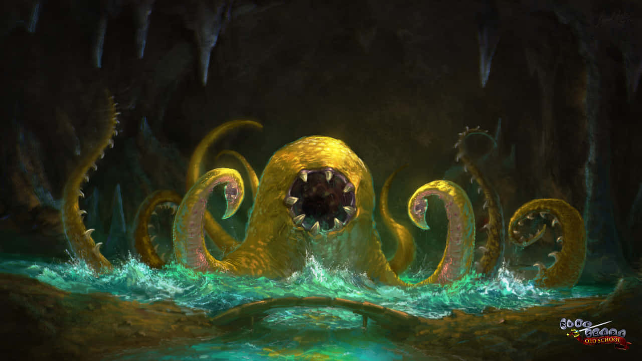 Game Art 桌布 壁紙 — 一隻擁有尖銳牙齒的怪異金色章魚從黑暗洞穴般的水下巢穴中發光的藍綠色水中浮現。