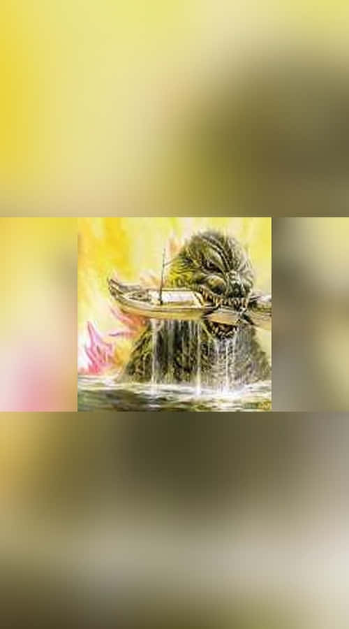 Godzilla Comic 桌布 壁紙 — 一隻擁有尖銳牙齒的恐怖綠色怪物，用下顎咬著一艘小船，水從牠的口中傾瀉入海。