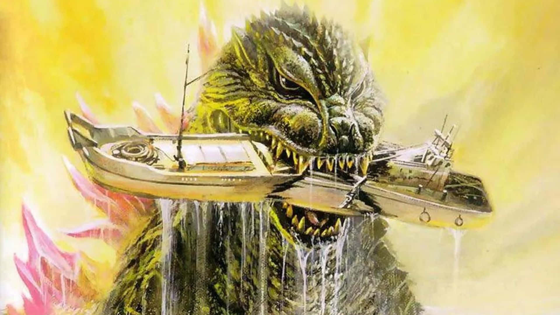 Godzilla 2000 桌布 壁紙 — 一隻擁有尖銳牙齒的綠色怪獸咬穿一艘船，水從它的下顎滴落，背景是火黃色。