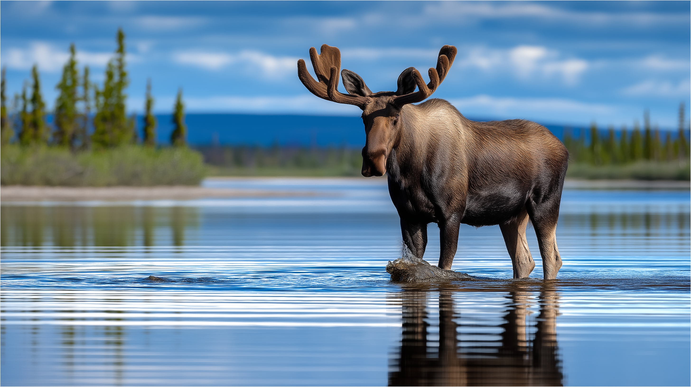 wildlife 桌布 壁紙 — 一隻擁有巨大鹿角的大駝鹿站在淺水中，倒映著明亮的藍天和遠處的綠樹。