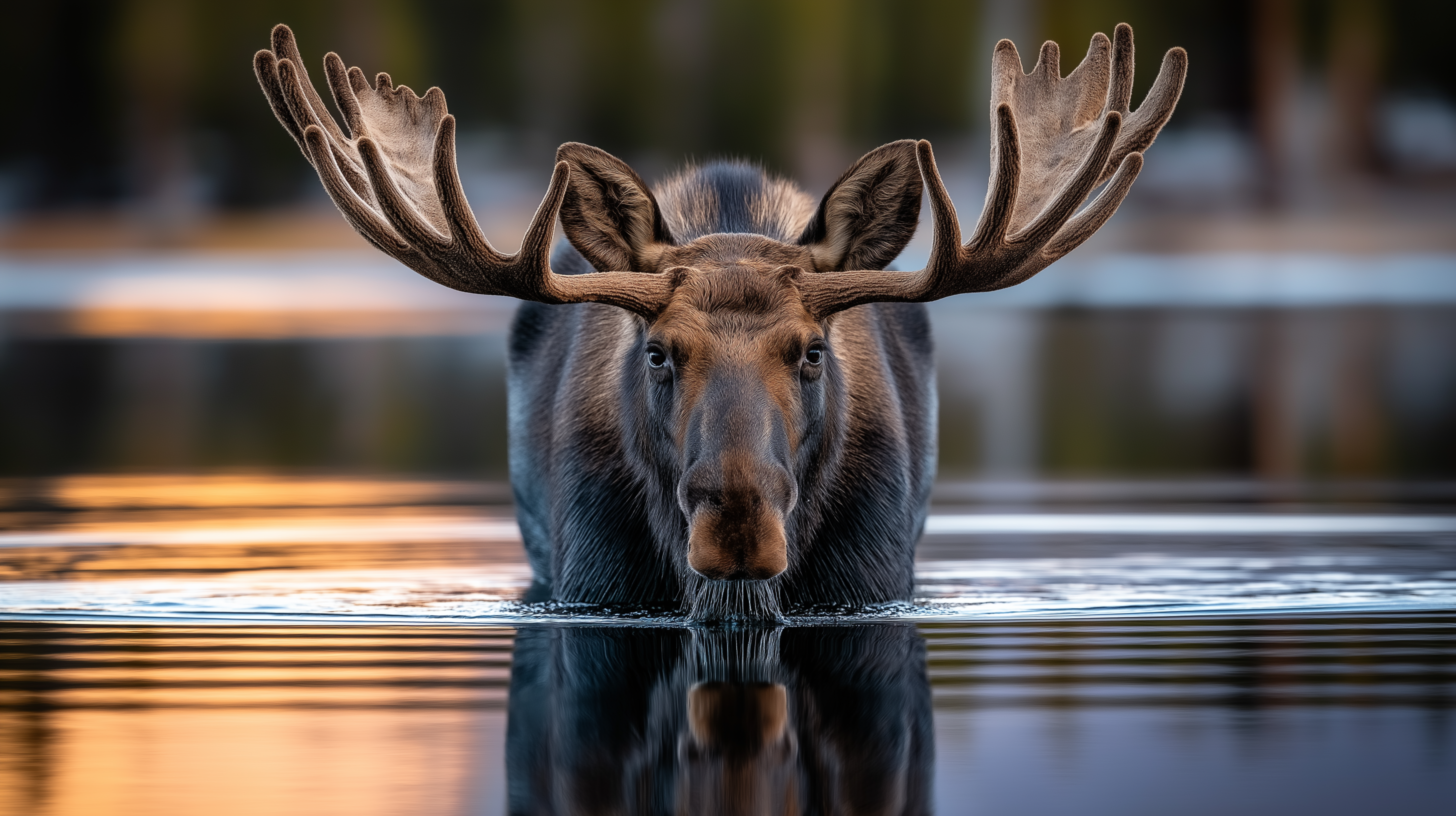 wildlife 桌布 壁紙 — 一隻擁有巨大鹿角的雄偉駝鹿，站在平靜的水中，水面映照著金色的日落色調。
