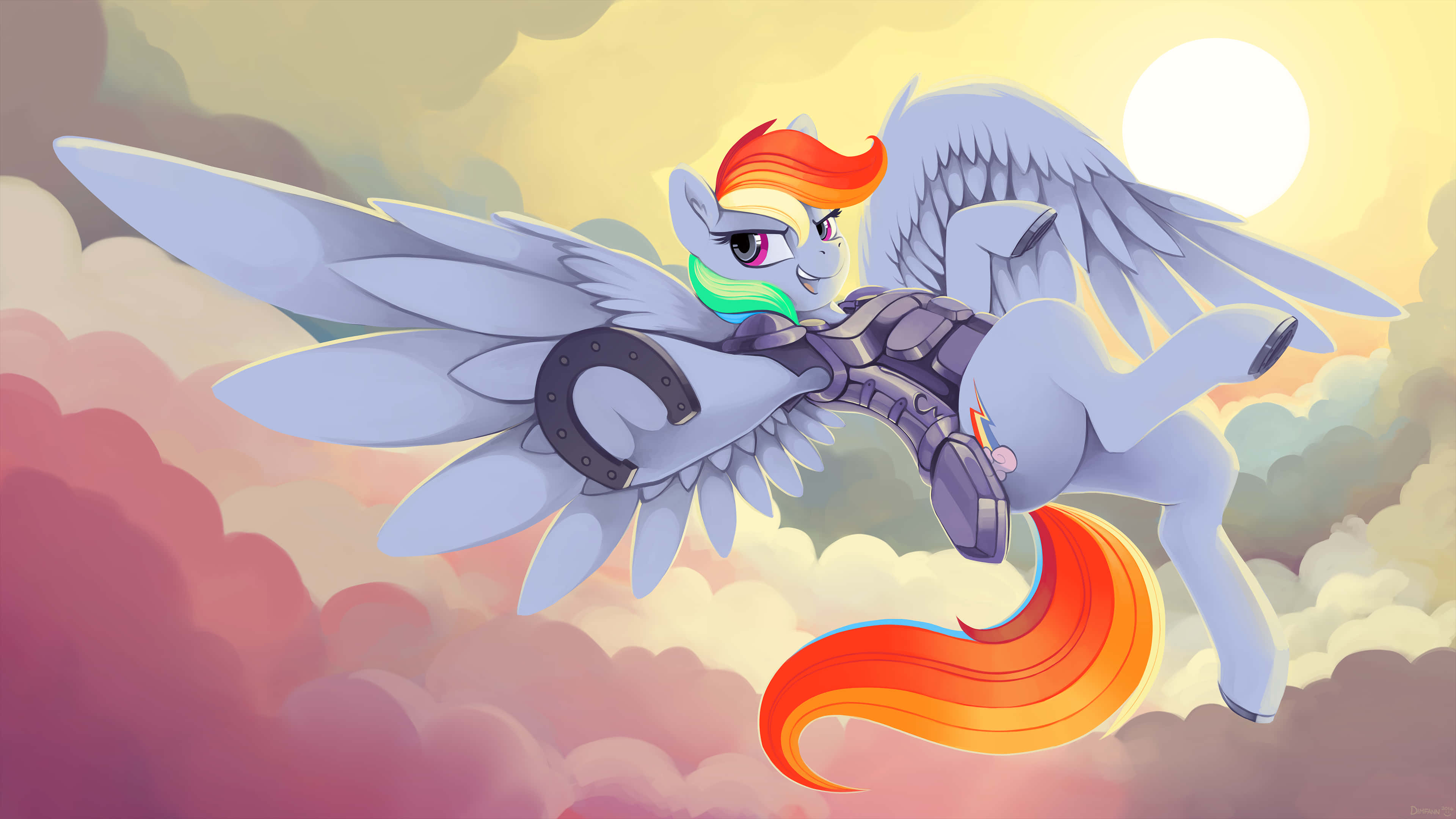 Mlp Phone 桌布 壁紙 — 一隻擁有彩虹鬃毛和機械翅膀的飛馬，在發光的太陽映襯下翱翔於粉彩雲層之間。
