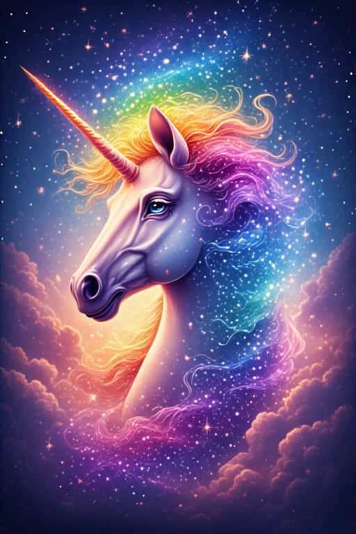 Galactic Gallop Unicorn 壁紙 — 一隻擁有彩虹鬃毛和發光獨角的雄偉獨角獸，從宇宙雲層中浮現，背景是繁星點點的夜空。