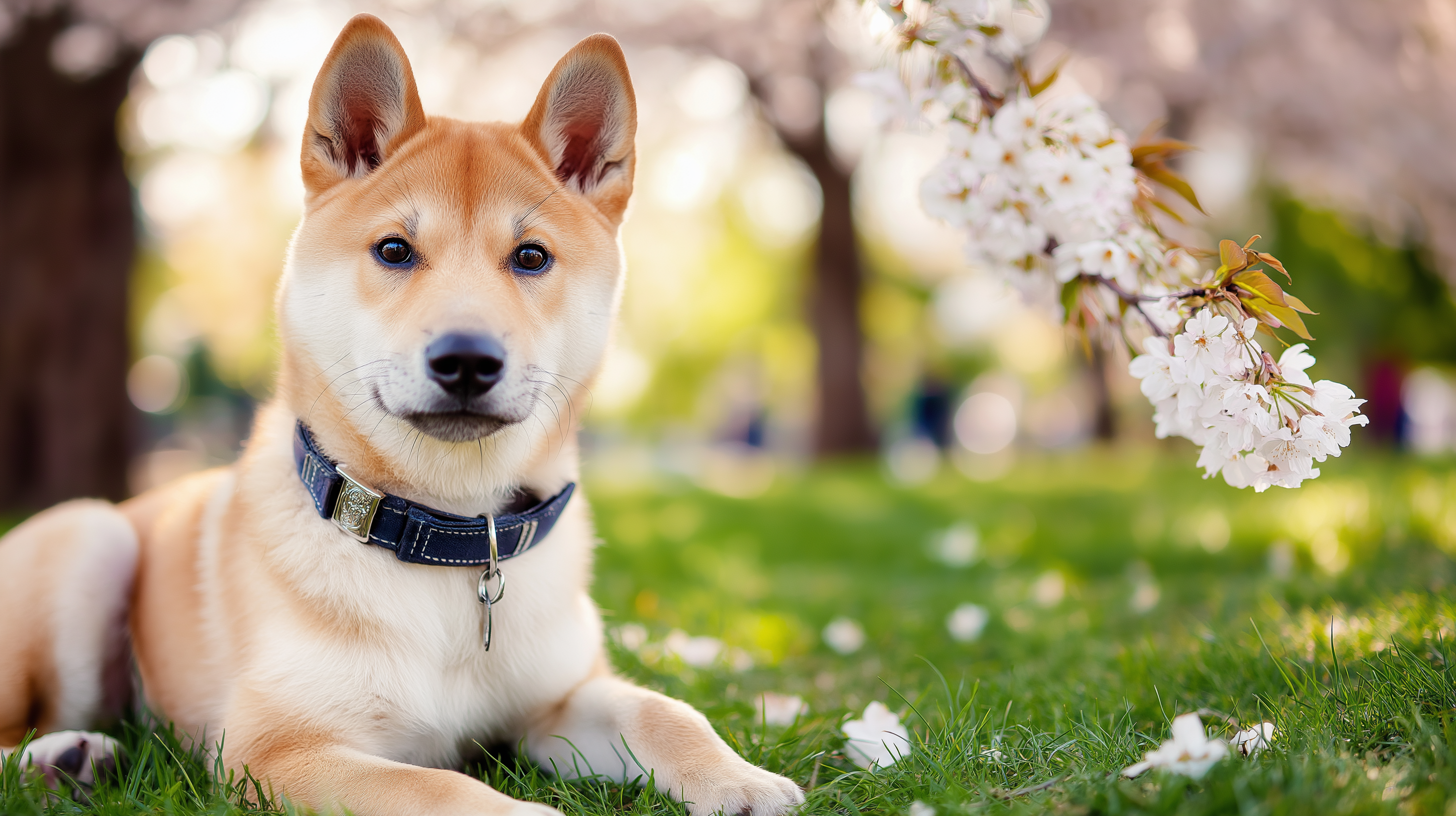 小狗 桌布 壁紙 — 一隻擁有棕褐色和白色毛髮的柴犬幼犬躺在盛開櫻花下的綠色草地上。