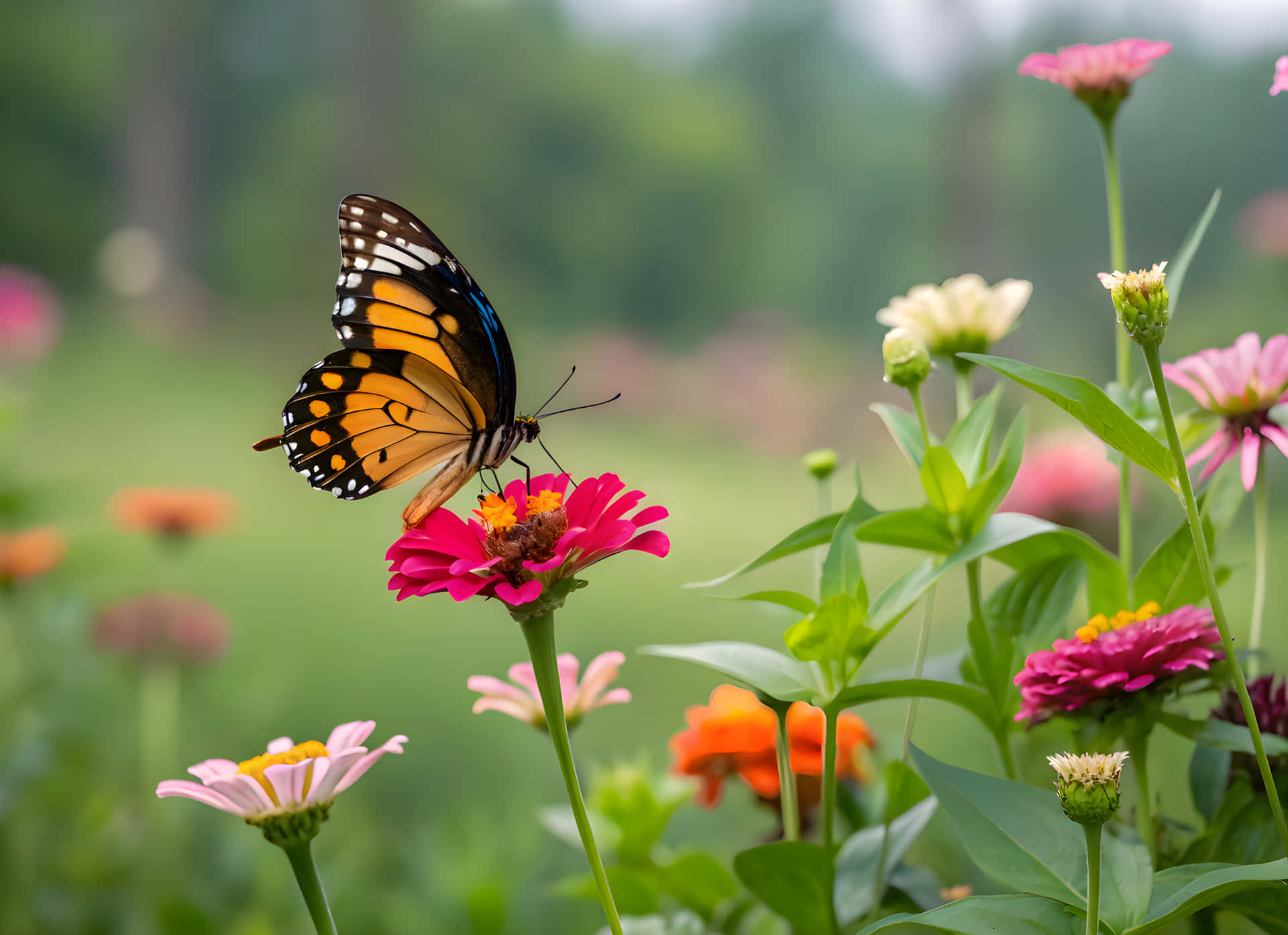 A little butterfly taking honey from flowers 壁紙 — 一隻擁有橙色、黑色和白色翅膀的帝王斑蝶，輕輕停在一朵鮮豔的粉紅色百日菊上，周圍是茂盛的綠色花園。