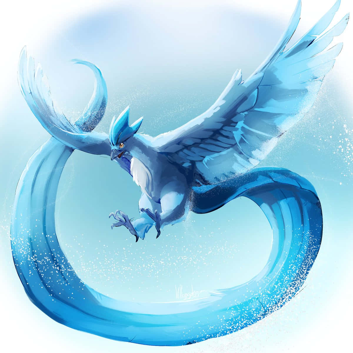 Pokémon 手機 桌布 壁紙 — 一隻擁有水晶翅膀和尾巴的雄偉藍龍，在閃閃發光的冰天中旋轉。