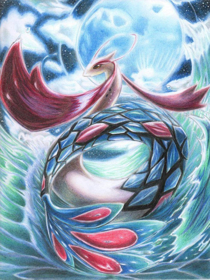 iPhone 桌布 壁紙 — 一隻擁有流動紅色魚鰭和藍色鱗片的威嚴神話生物，在發光月亮下從旋轉的宇宙水域中出現。