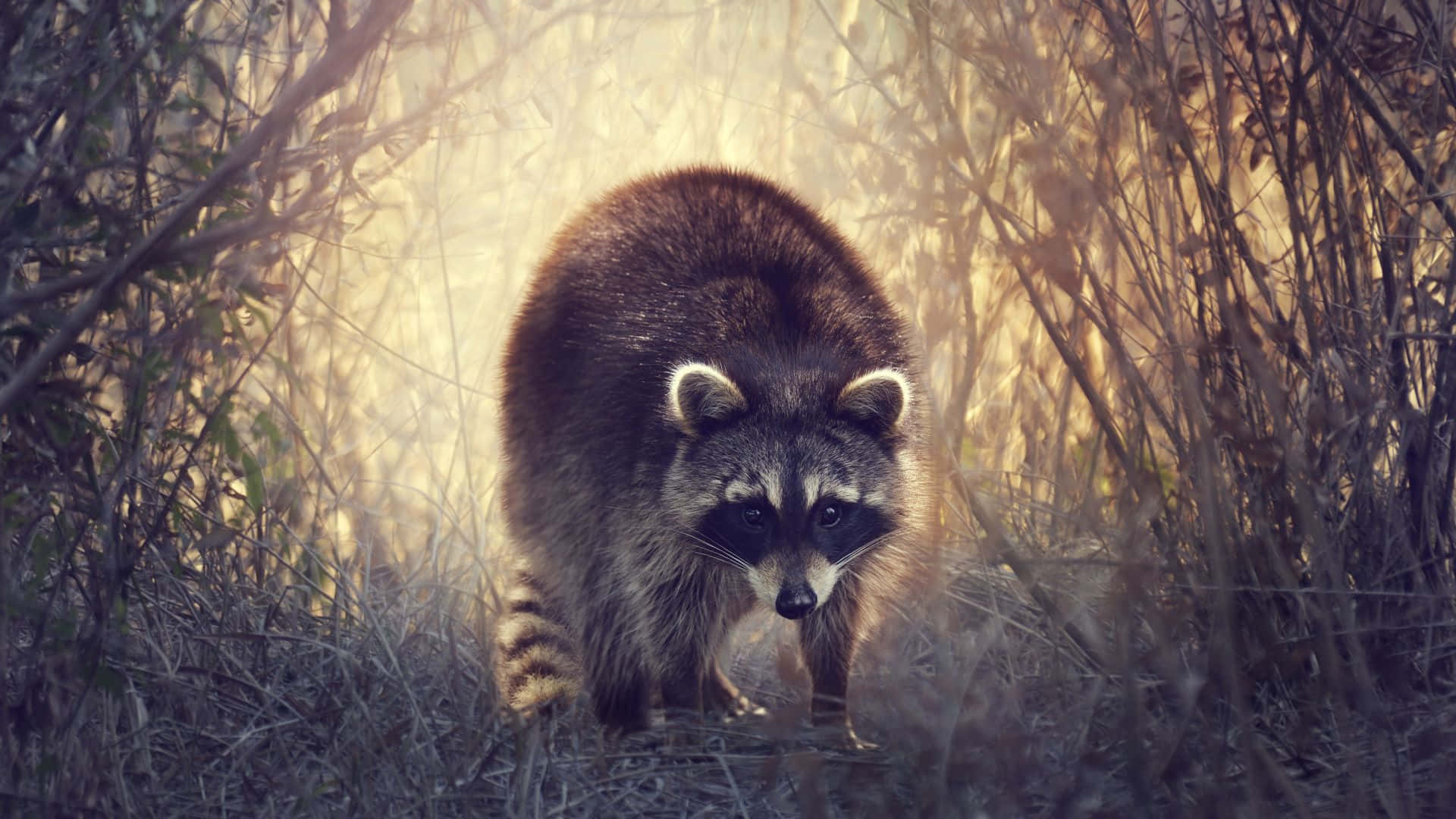 動物 桌布 壁紙 — 一隻擁有深色毛髮和面具般臉孔的浣熊，在陽光照耀的乾草和樹枝叢中警覺地站立。