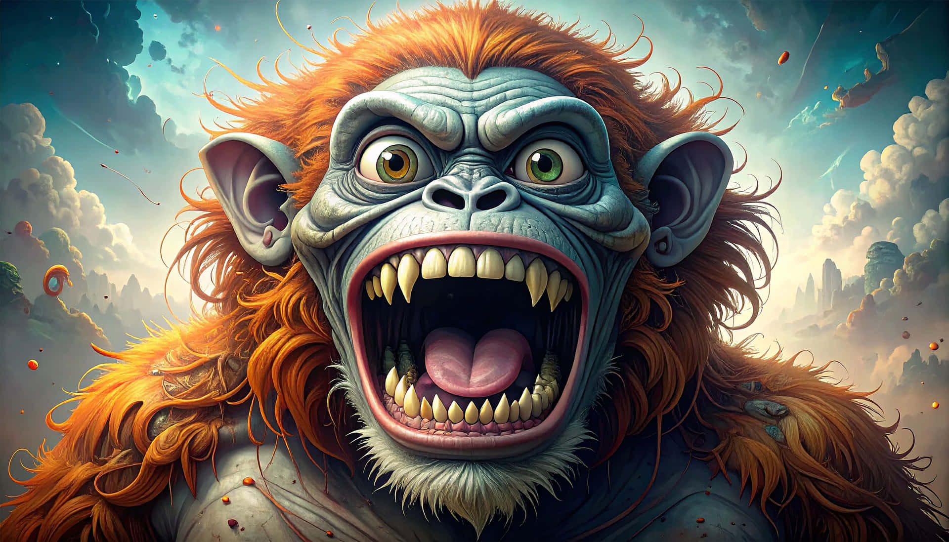 Orangutan 壁紙 — 一隻擁有火橙色毛髮和露出牙齒的怪獸猩猩，在暴風雨的天空下，伴隨著漂浮的碎片咆哮。