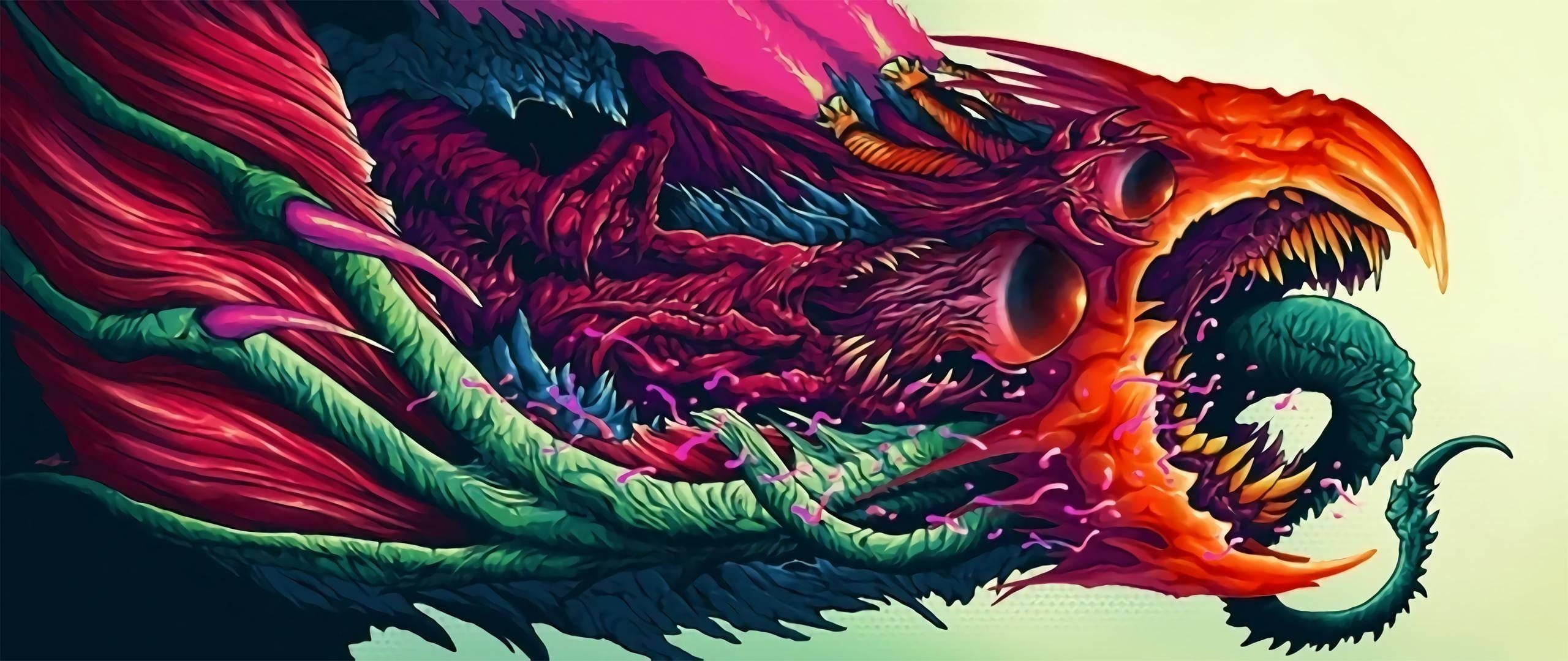 青龍 桌布 壁紙 — 一隻擁有火橙色頭部和綠色身體的怪獸龍在淡色背景上咆哮。