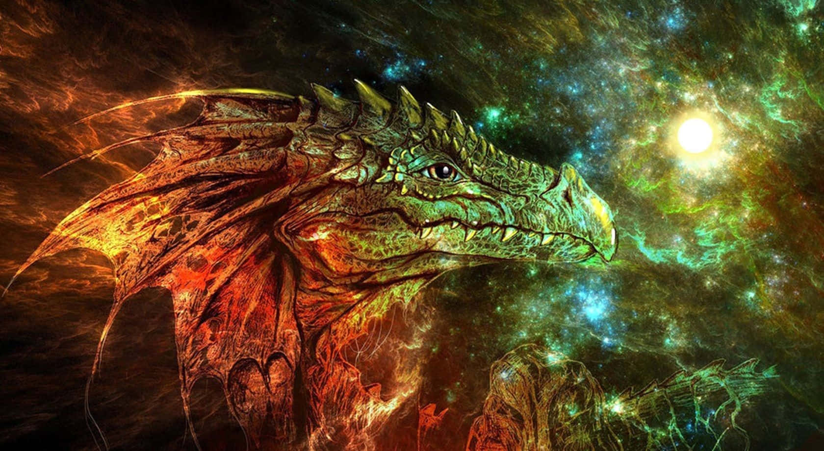 Beautiful Dragon 桌布 壁紙 — 一隻擁有火焰翅膀和發光眼睛的雄偉巨龍，從宇宙星雲中出現，背景是繁星點點的銀河。