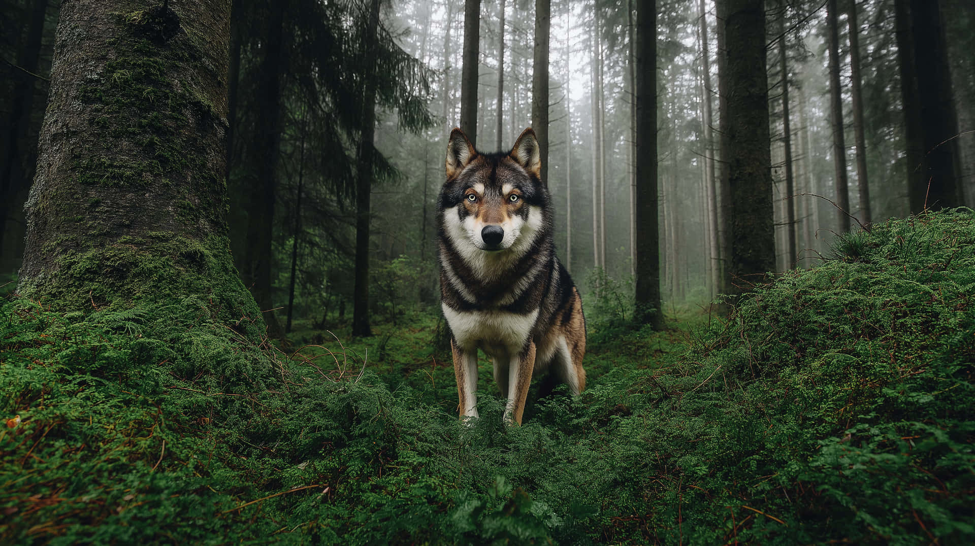 Wolf in Mystical Forest 壁紙 — 一隻擁有琥珀色眼睛和厚毛的狼在霧氣瀰漫的森林中警覺地站著，周圍是長滿苔蘚的樹木和蕨類植物。