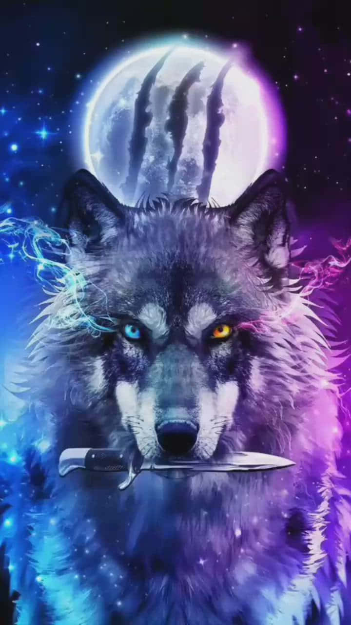 graphic art 桌布 壁紙 — 一隻擁有異色瞳的兇猛狼，在帶有爪痕月亮的宇宙背景下握著一把刀。